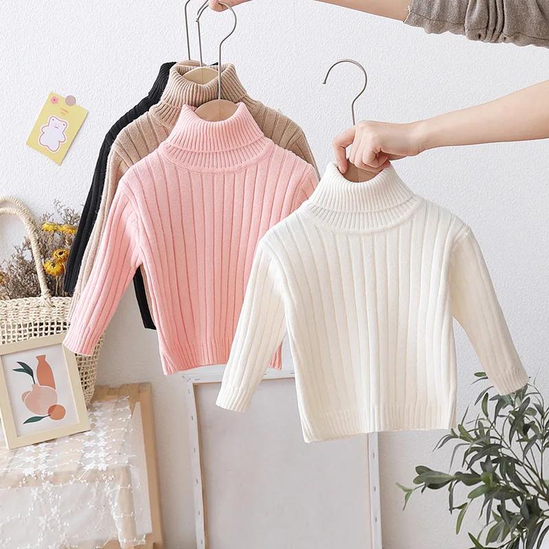 New Turtleneck Childrens Sweater Pure Color Girls Autumn Winter Knitwear Pullover Warm and Cozy Boys Knitted Base Sh